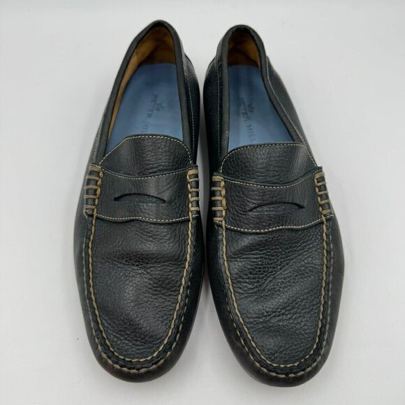 Peter Millar Mens Leather Penny Loafers Black Slip-On Shoes main image 9